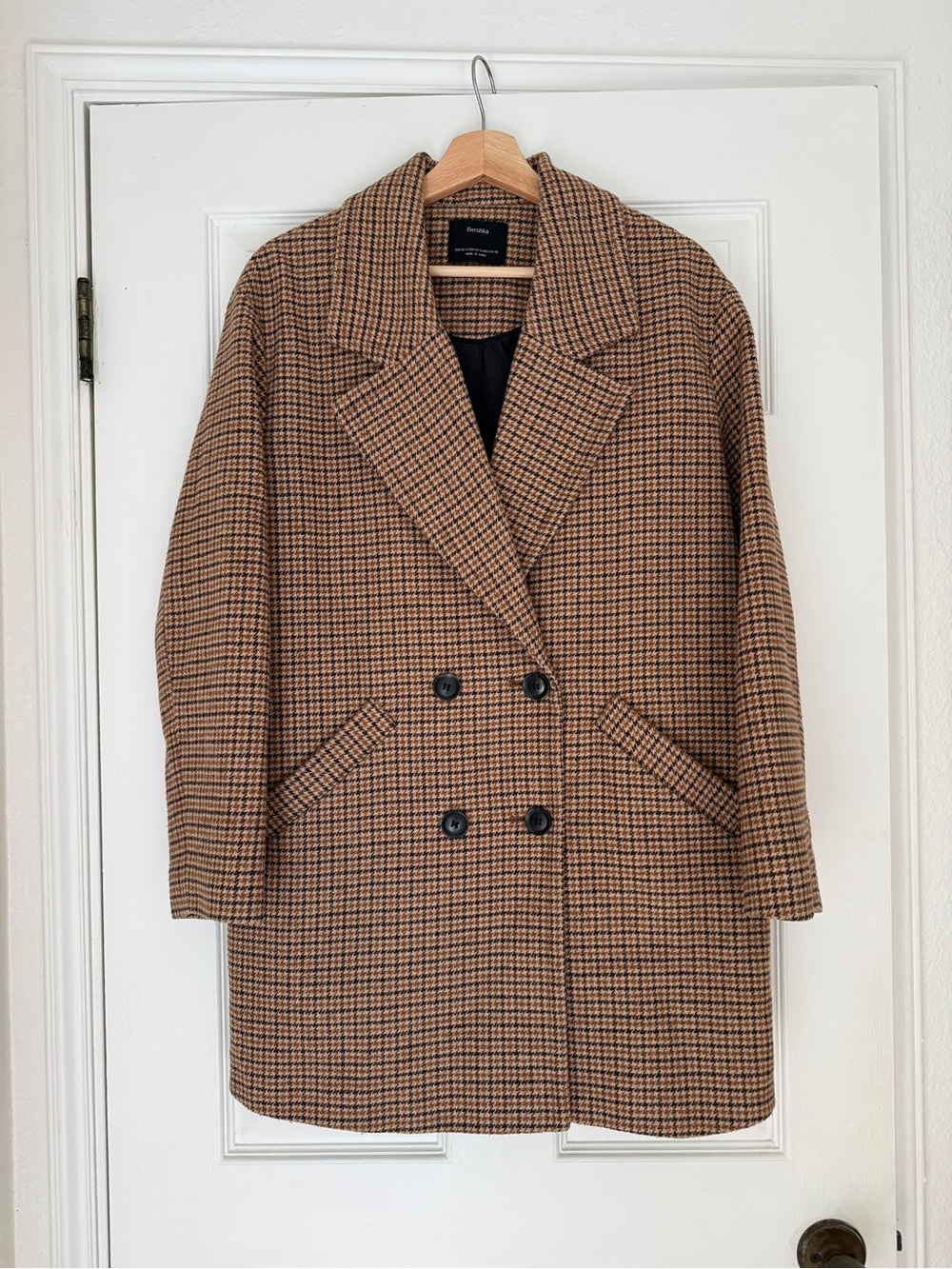 Bershka Brown & Black Checked Double-Breasted Pea Coat